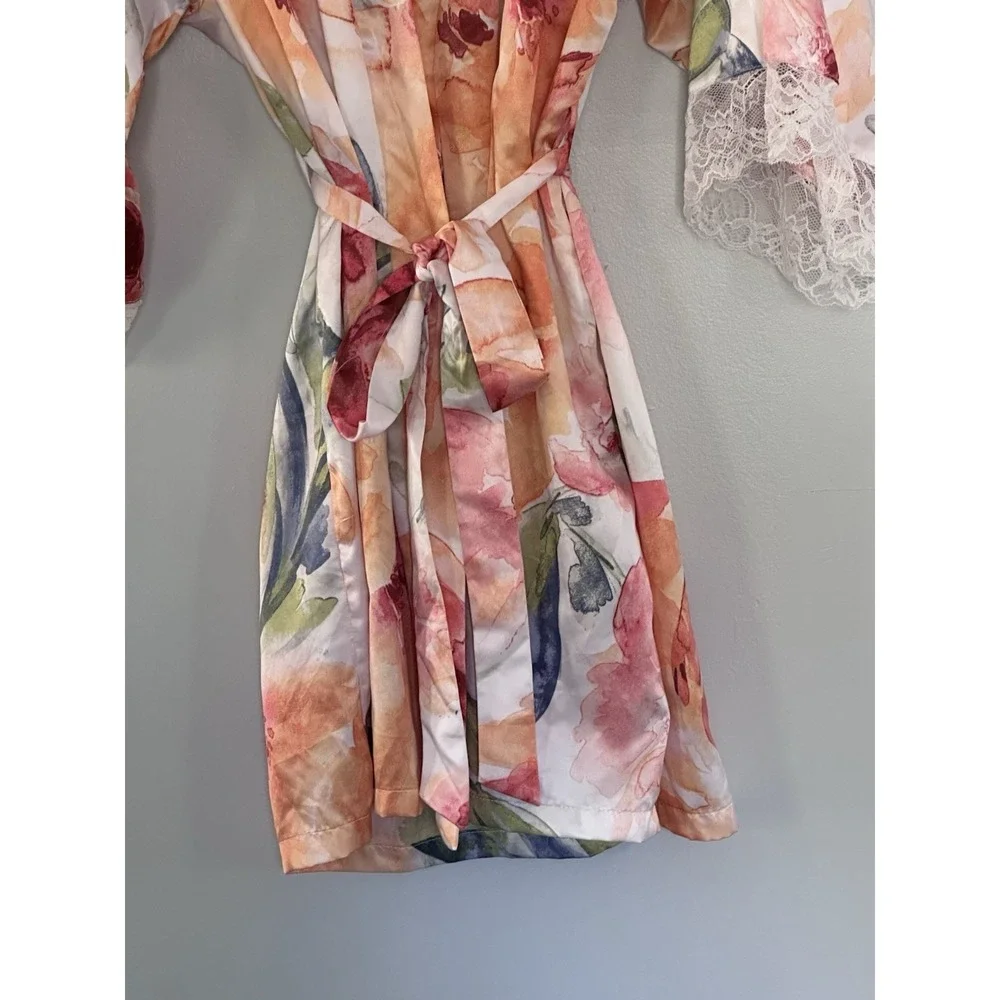 Linea Donatella Robe Womens S/M Watercolor Floral Satin Lace Trim Belted Kimono